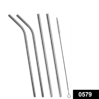 0579 Set of 4 Stainless Steel Straws & Brush (2 Straight straws, 2 Bent straws, 1 Brush) - Your Brand