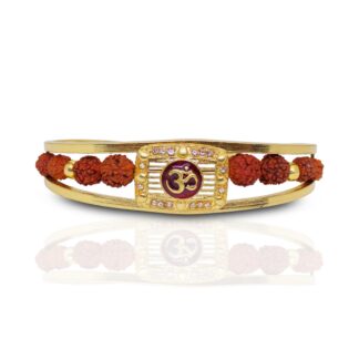Periapt Gold Plated American Diamond Om Sun Cuff Bracelet /  Rudraksha Kada for Men - Your Brand